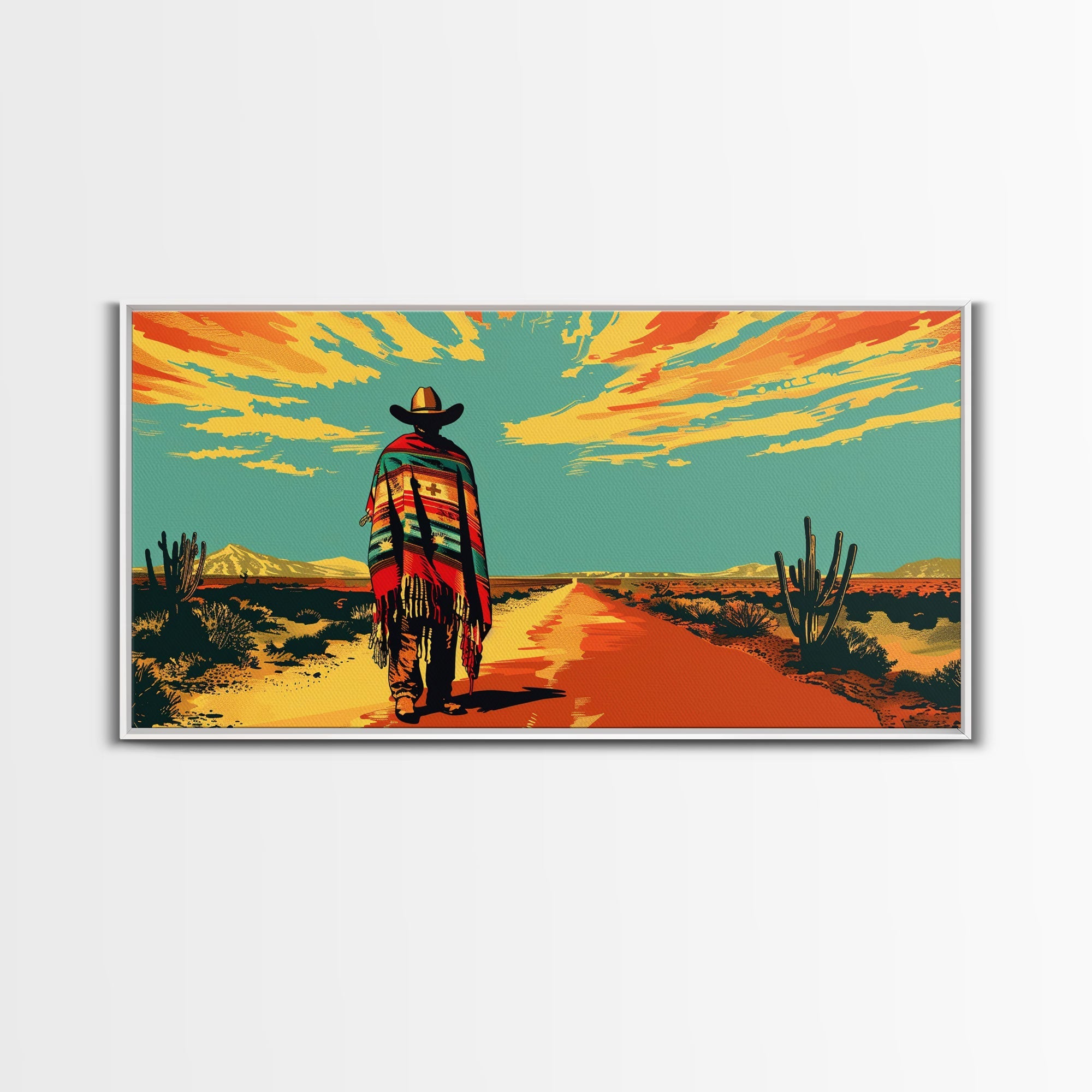 Lone Cowboy with Cactus in Desert, Perfect Living Room Art, Framed Canvas Print, Rustic Home Decoration, Boho Wall Art