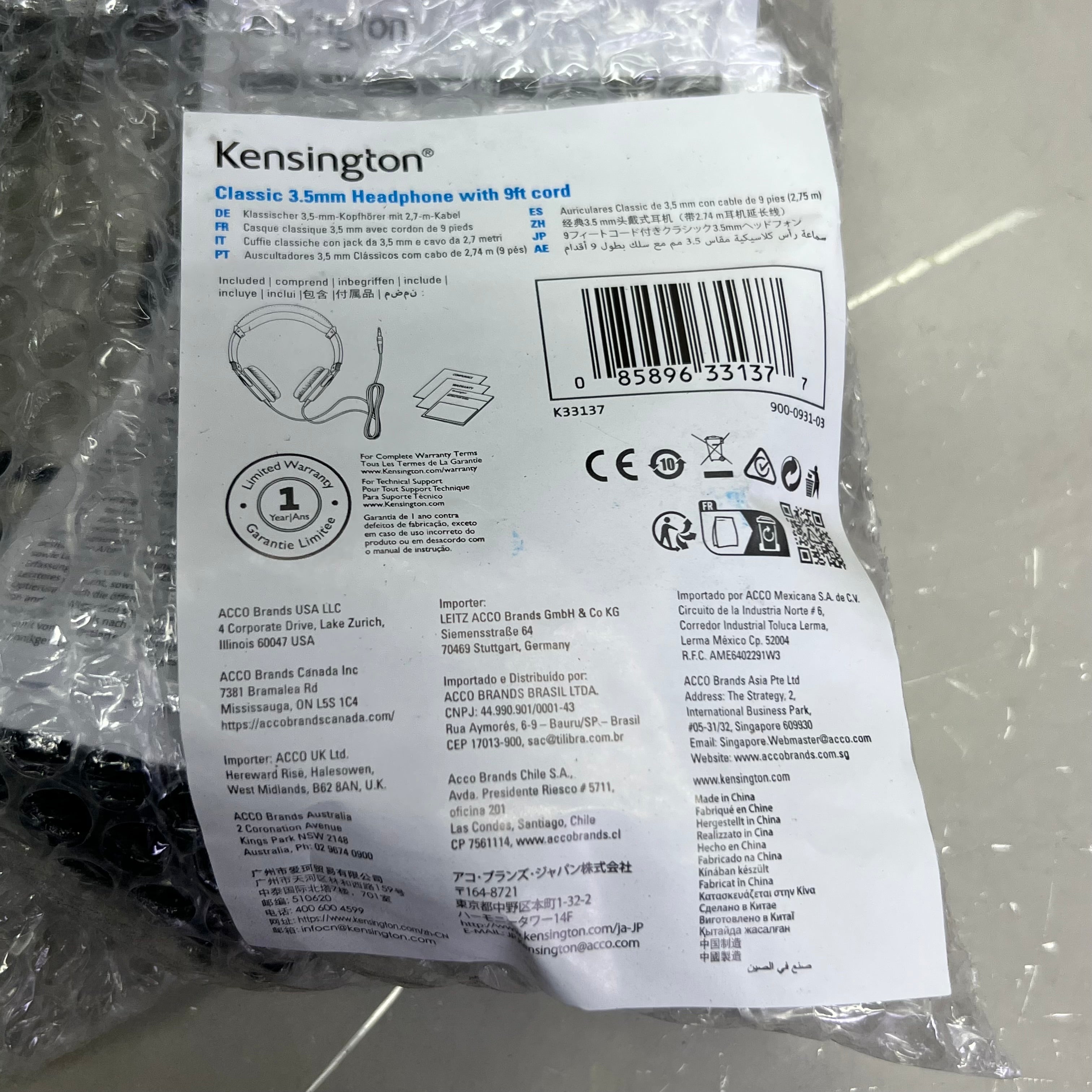 KENSINGTON Classic 3.5mm Headphone With 9ft Cord, Black K33137