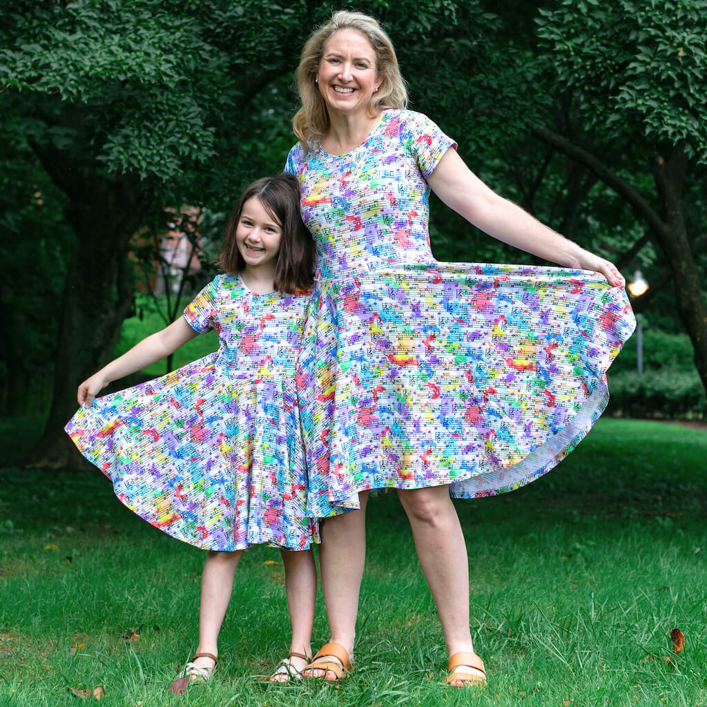Adult "Staff Meeting" Rainbow Music Notes Super Twirler Dress with Pockets