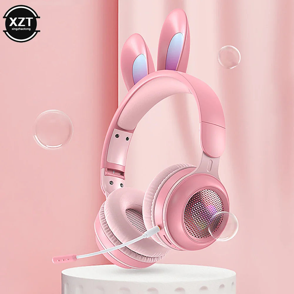 Cute Cartoon Rabbit Ear Wireless headphones with Microphone Stereo Music Bluetooth Earphones with LED Light Game Headset fone