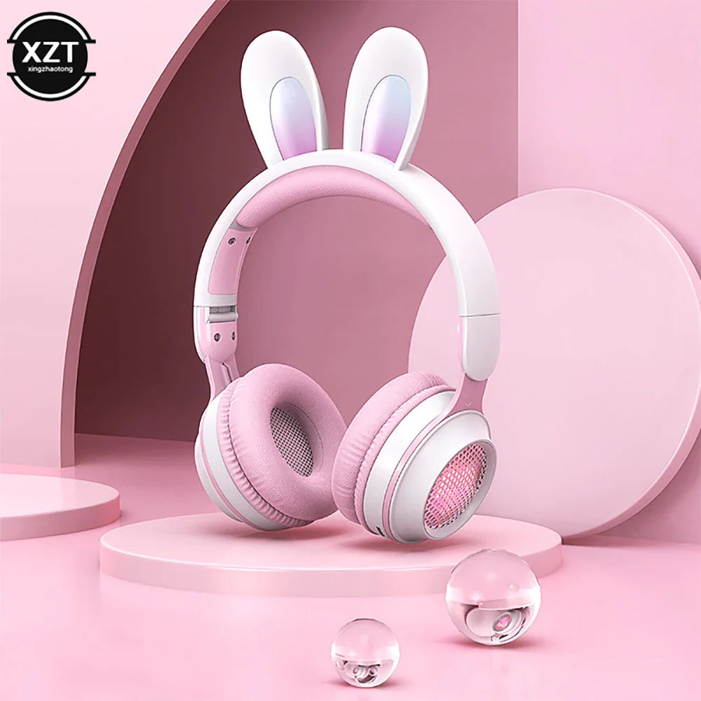 Cute Cartoon Rabbit Ear Wireless headphones with Microphone Stereo Music Bluetooth Earphones with LED Light Game Headset fone