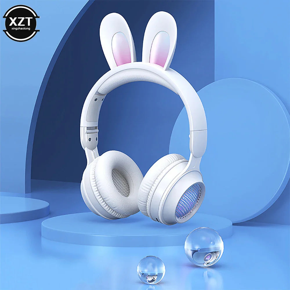 Cute Cartoon Rabbit Ear Wireless headphones with Microphone Stereo Music Bluetooth Earphones with LED Light Game Headset fone