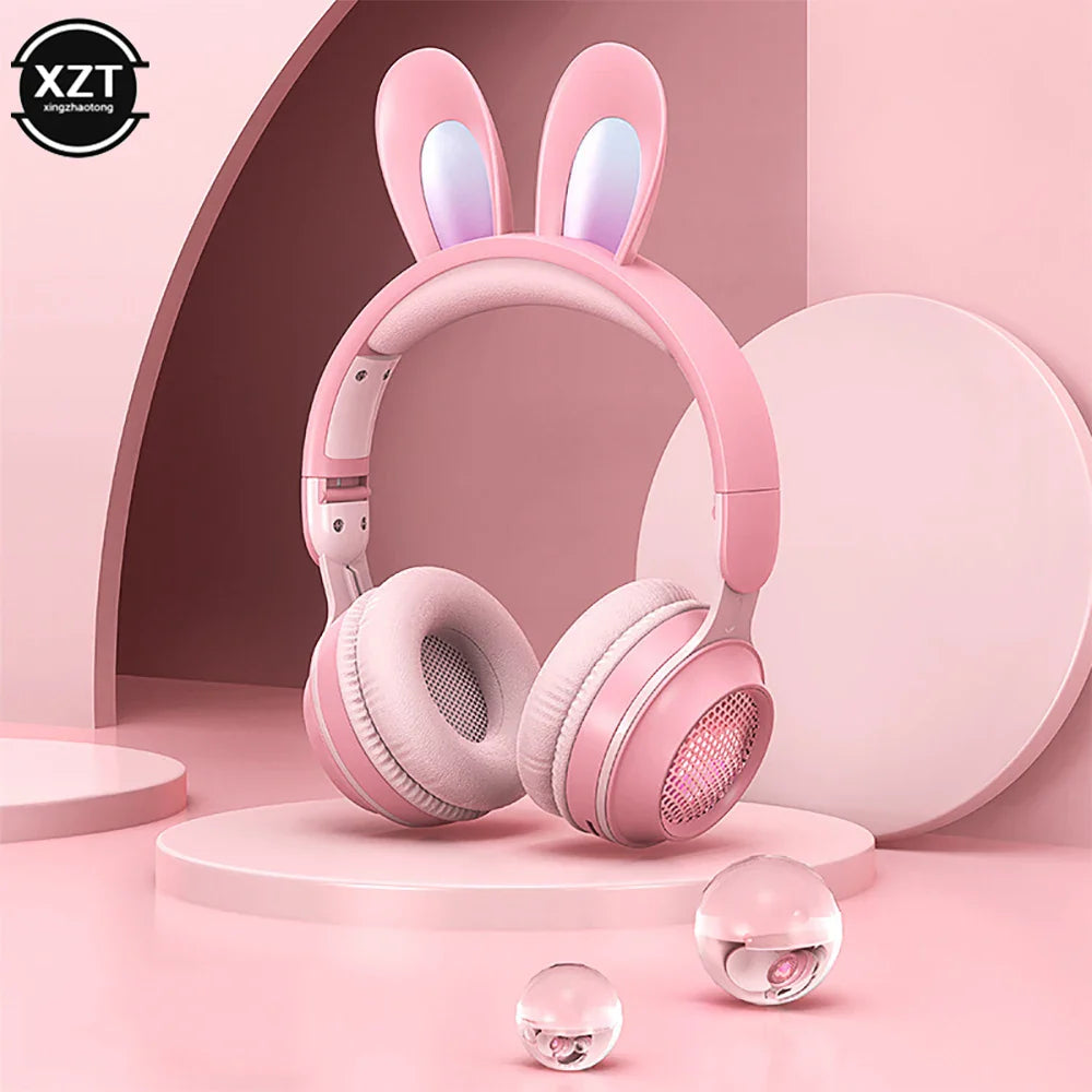 Cute Cartoon Rabbit Ear Wireless headphones with Microphone Stereo Music Bluetooth Earphones with LED Light Game Headset fone