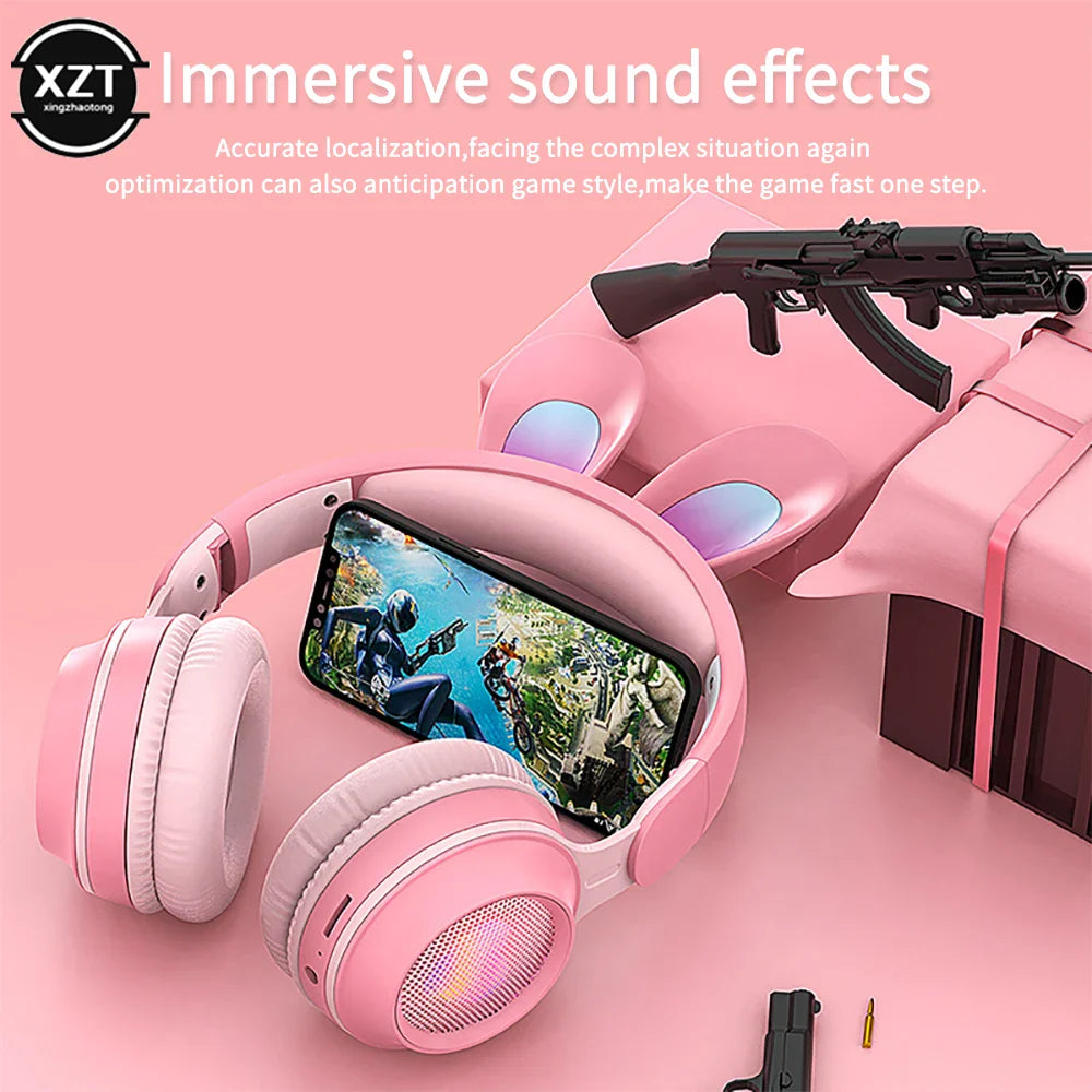 Cute Cartoon Rabbit Ear Wireless headphones with Microphone Stereo Music Bluetooth Earphones with LED Light Game Headset fone