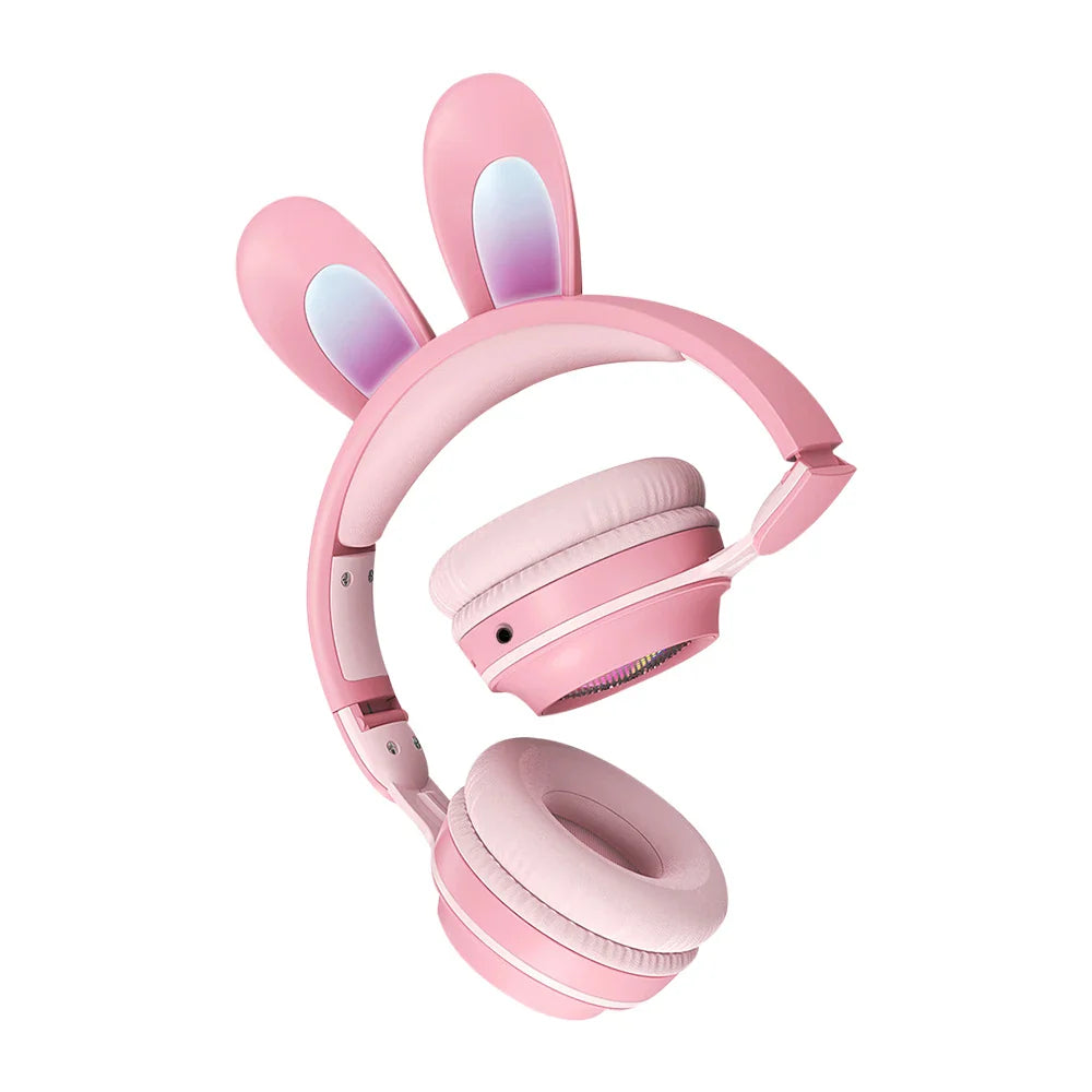 Cute Cartoon Rabbit Ear Wireless headphones with Microphone Stereo Music Bluetooth Earphones with LED Light Game Headset fone