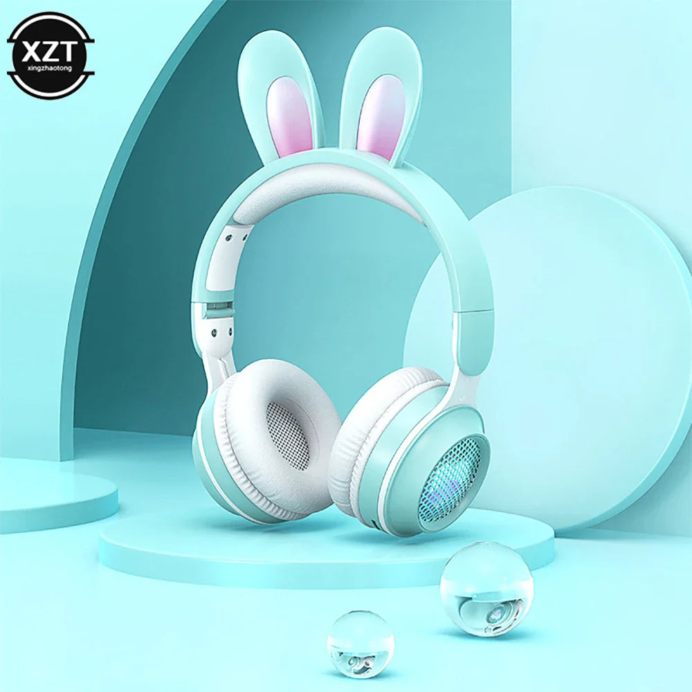 Cute Cartoon Rabbit Ear Wireless headphones with Microphone Stereo Music Bluetooth Earphones with LED Light Game Headset fone