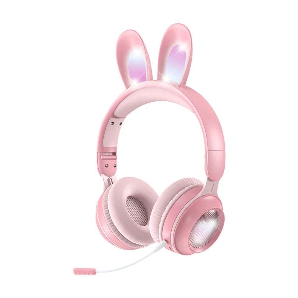Cute Cartoon Rabbit Ear Wireless headphones with Microphone Stereo Music Bluetooth Earphones with LED Light Game Headset fone