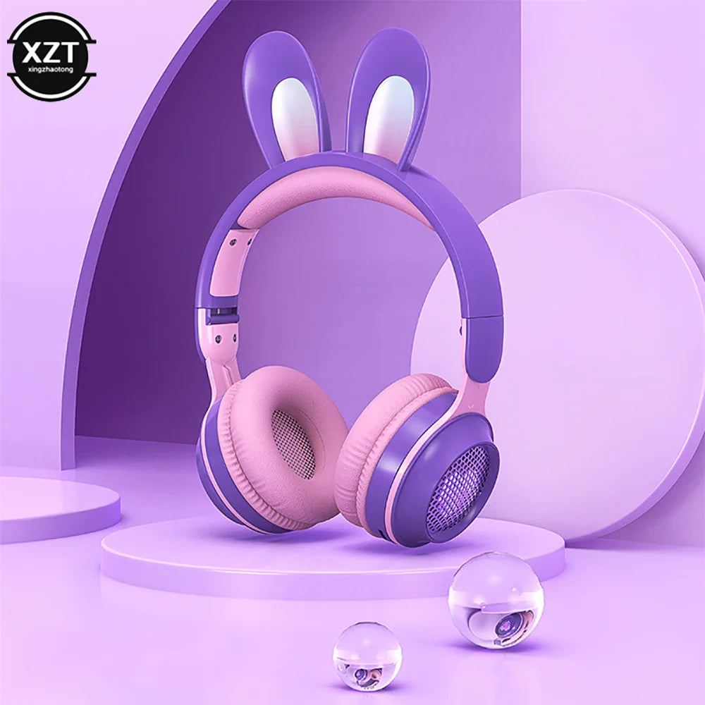 Cute Cartoon Rabbit Ear Wireless headphones with Microphone Stereo Music Bluetooth Earphones with LED Light Game Headset fone