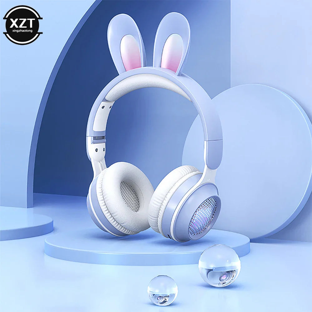 Cute Cartoon Rabbit Ear Wireless headphones with Microphone Stereo Music Bluetooth Earphones with LED Light Game Headset fone