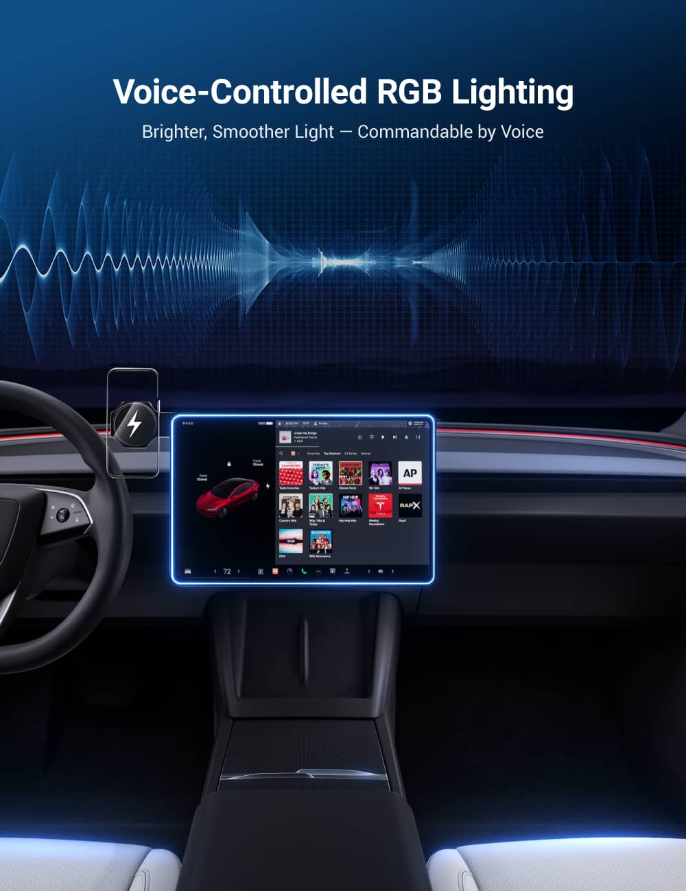 Model 3/Y Music-Synced RGB Ambient Lighting With Wireless Charging Phone Mount
