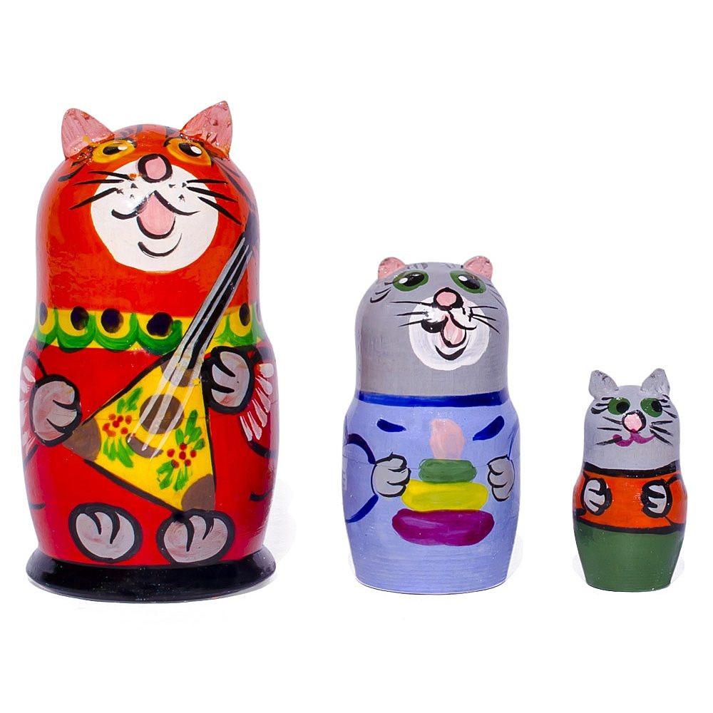 Set of 3 Cat with Balalaika Music Instrument Nesting Dolls 3.5 Inches